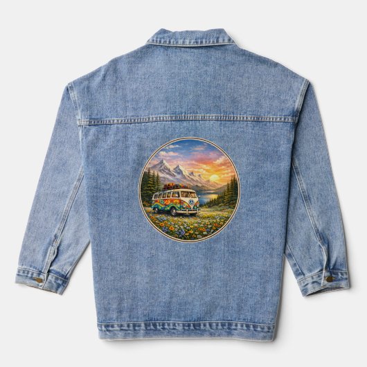 Mountain Sunset Wildflowers Retro Hippie Van Life Denim Jacket (Achterkant)