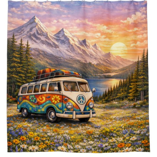 Mountain Sunset Wildflowers Retro Hippie Van Life Douchegordijn (Voorkant)