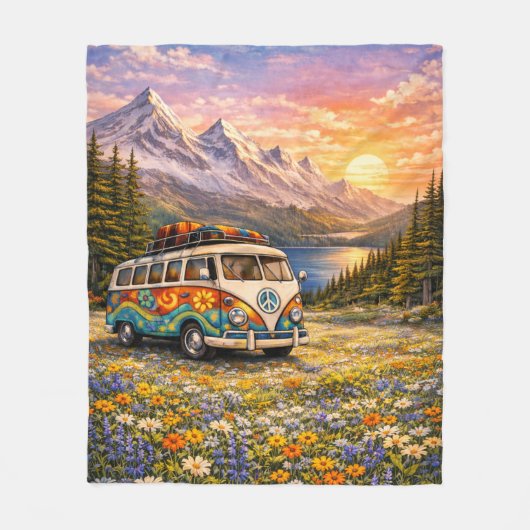 Mountain Sunset Wildflowers Retro Hippie Van Life Fleece Deken (Voorkant)