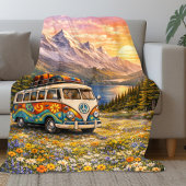 Mountain Sunset Wildflowers Retro Hippie Van Life Fleece Deken