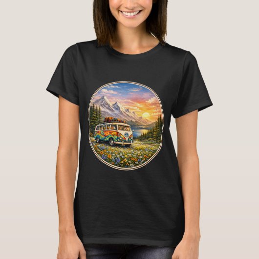 Mountain Sunset Wildflowers Retro Hippie Van Life T-shirt (Voorkant)