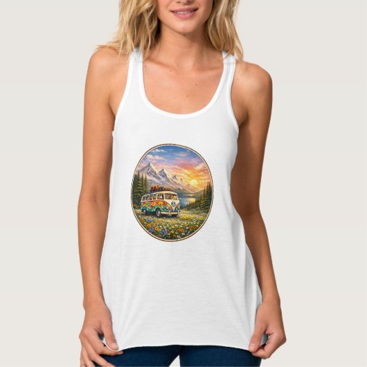 Mountain Sunset Wildflowers Retro Hippie Van Life Tanktop (Voorkant)