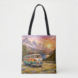 Mountain Sunset Wildflowers Retro Hippie Van Life Tote Bag