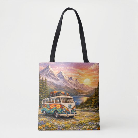 Mountain Sunset Wildflowers Retro Hippie Van Life Tote Bag (Voorkant)