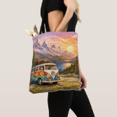 Mountain Sunset Wildflowers Retro Hippie Van Life Tote Bag (Dichtbij)