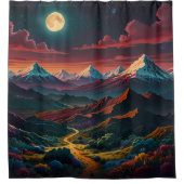 Mountain Top Uitzicht over Valley met verre maan Douchegordijn (Voorkant)