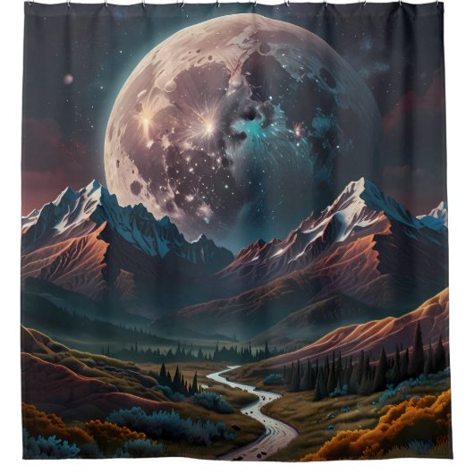 Mountain Top Uitzicht over Valley met verre maan Douchegordijn (Voorkant)