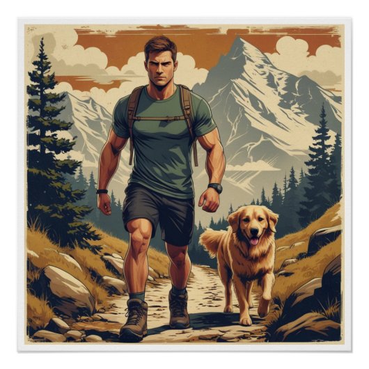 Mountain Trail Hiker & Dog Adventure Illustration Perfect Poster (Voorkant)