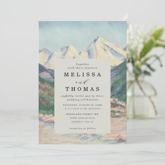 Mountain Tree Forest Rustic Budget QR Code Wedding Kaart (Staand voorkant)