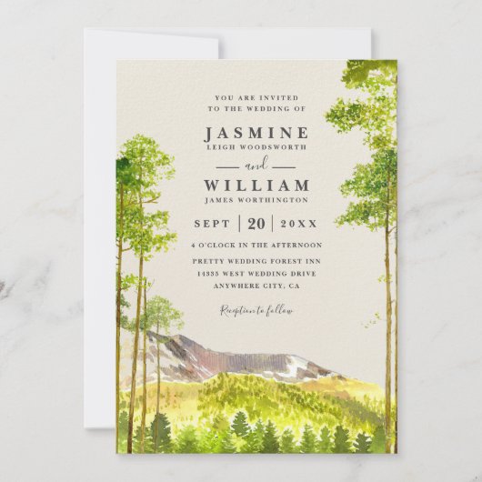 Mountain Trees Forest Rustic QR Code Wedding Kaart (Voorkant)