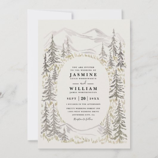 Mountain Trees Forest Rustic QR Code Wedding Kaart (Voorkant)