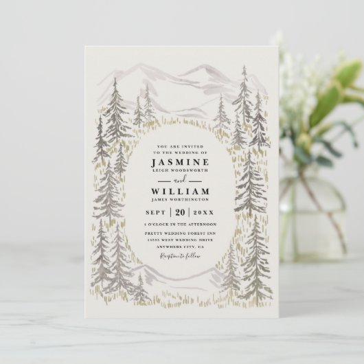 Mountain Trees Forest Rustic QR Code Wedding Kaart (Staand voorkant)