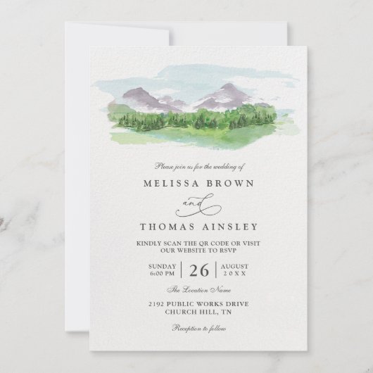 Mountain Trees Pine Forest Rustic QR Code Wedding Kaart (Voorkant)