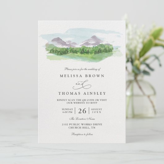 Mountain Trees Pine Forest Rustic QR Code Wedding Kaart (Staand voorkant)