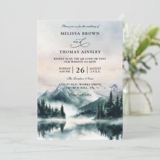 Mountain Trees Pine Rustic Budget QR Code Wedding Kaart (Staand voorkant)