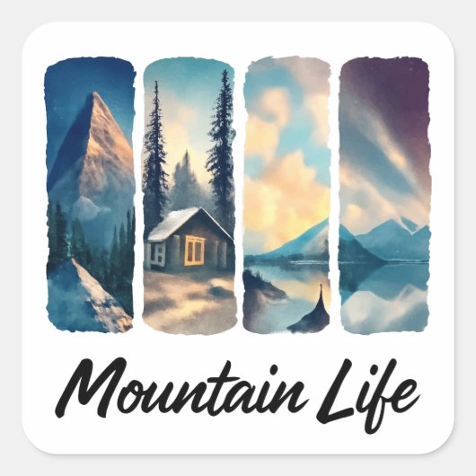 Mountain Uitzicht met Forest Cabin en Lake Vierkante Sticker (Voorkant)