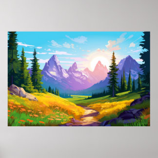 Mountain Valley River Landschap Natuur landschap Poster