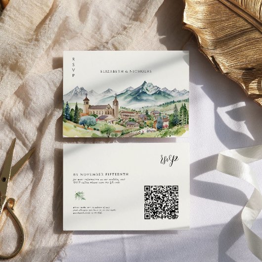 Mountain Village Town | QR Code Bruiloft RSVP Kaartje