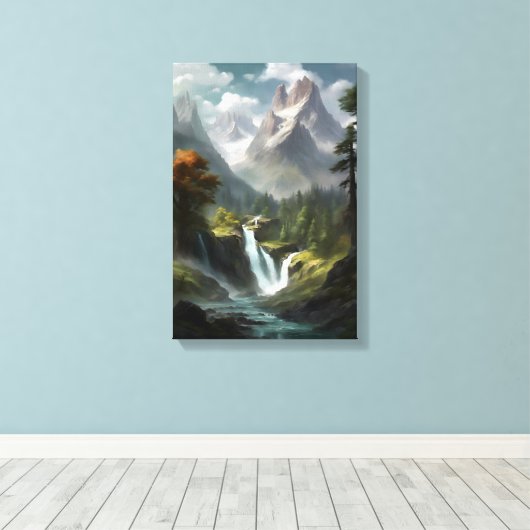Mountain Waterfall Serenity - Natuur Landschapskun Canvas Afdruk (Insitu (Houten vloer))
