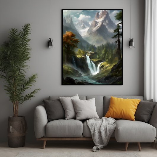 Mountain Waterfall Serenity - Natuur Landschapskun Poster