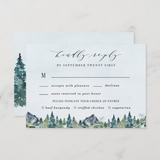 Mountain Waterverf Elegant Maaltijd Keuze Bruiloft RSVP Kaartje (Voorkant / Achterkant)