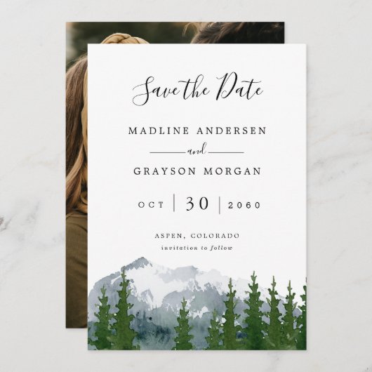 Mountain Waterverf Pine Photo Save the Dat Aankondiging (Voorkant / Achterkant)