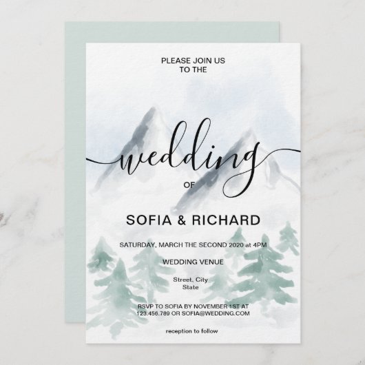 Mountain Waterverf Rustic Tree Destination Uitnodi Kaart (Voorkant / Achterkant)