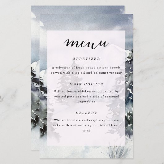 Mountain Waterverf Rustiek Bruiloft Menu (Voorkant / Achterkant)