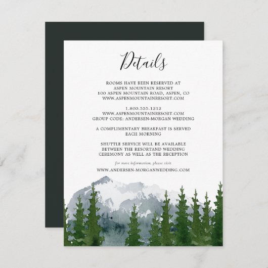 Mountain Waterverf rustieke dennen bruiloft detail Informatiekaartje (Voorkant / Achterkant)