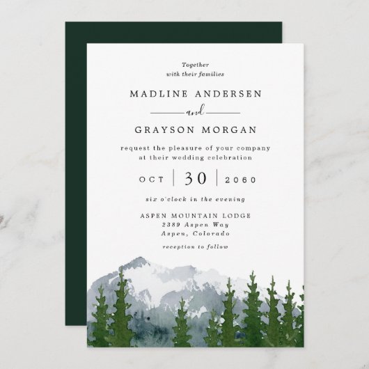 Mountain Waterverf rustieke dennenboom bruiloft In Kaart (Voorkant / Achterkant)