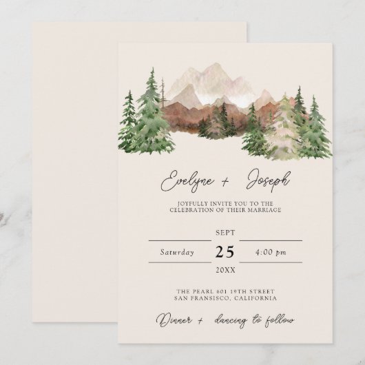 Mountain Waterverf Woodland Pine Bruiloft Kaart (Voorkant / Achterkant)