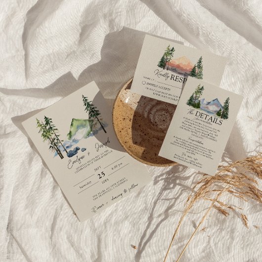 Mountain Waterverf Woodland Pine Trees Bruiloft Kaart