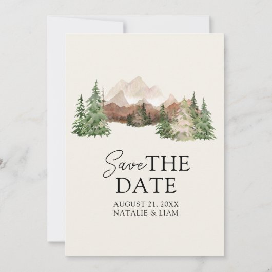 Mountain Waterverf Woodland Pine Trees Bruiloft Save The Date (Voorkant)