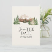 Mountain Waterverf Woodland Pine Trees Bruiloft Save The Date (Staand voorkant)