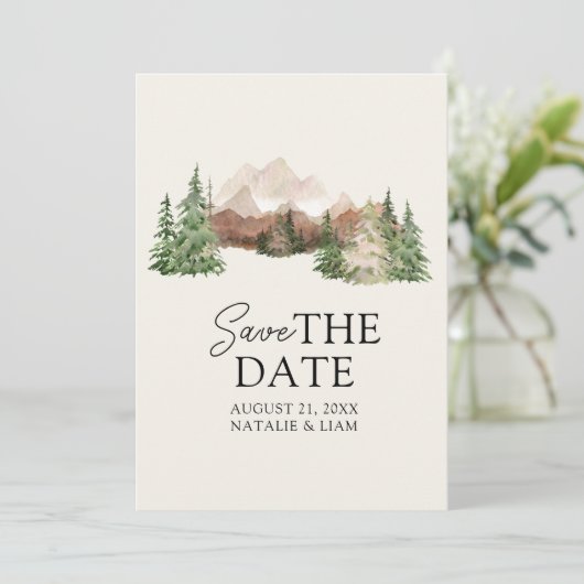 Mountain Waterverf Woodland Pine Trees Bruiloft Save The Date (Staand voorkant)