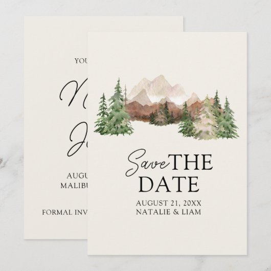 Mountain Waterverf Woodland Pine Trees Bruiloft Save The Date (Voorkant / Achterkant)