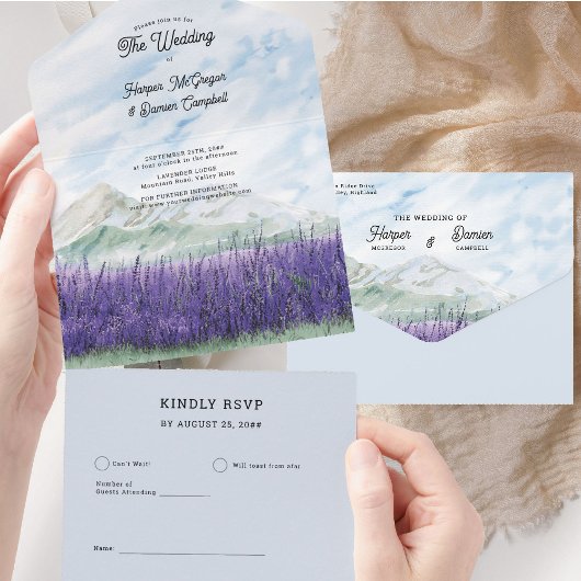 Mountain Wedding Lavendel Meadow Waterverf All In One Uitnodiging