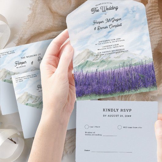 Mountain Wedding Lavendel Meadow Waterverf All In One Uitnodiging