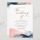 Mountain Wedding Modern Waterverf Navy Roze Goud Kaart (Voorkant / Achterkant)
