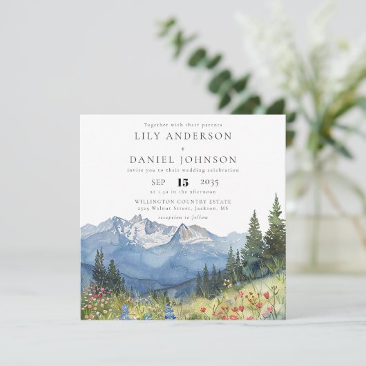 Mountain Wildflower All In One QR Code Wedding Kaart (Staand voorkant)