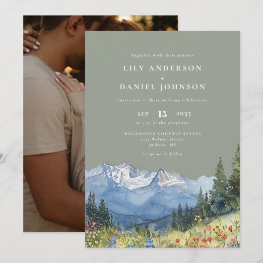 Mountain Wildflower Foto Sage Green Wedding Kaart (Voorkant / Achterkant)
