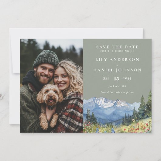 Mountain Wildflowers Sage Green Photo Wedding Save The Date (Voorkant)