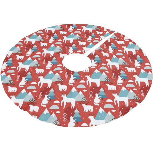 Mountain Wildlife Red en Blue Pattern Kerstboom Rok (Gekanteld)