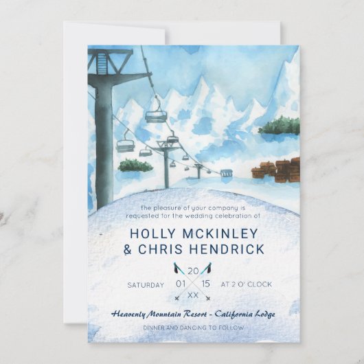 Mountain Winter Skiing Wedding Invitation (Voorkant)