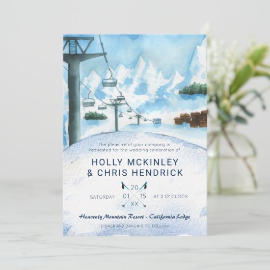 Mountain Winter Skiing Wedding Invitation (Staand voorkant)