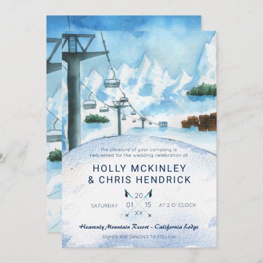 Mountain Winter Skiing Wedding Invitation (Voorkant / Achterkant)