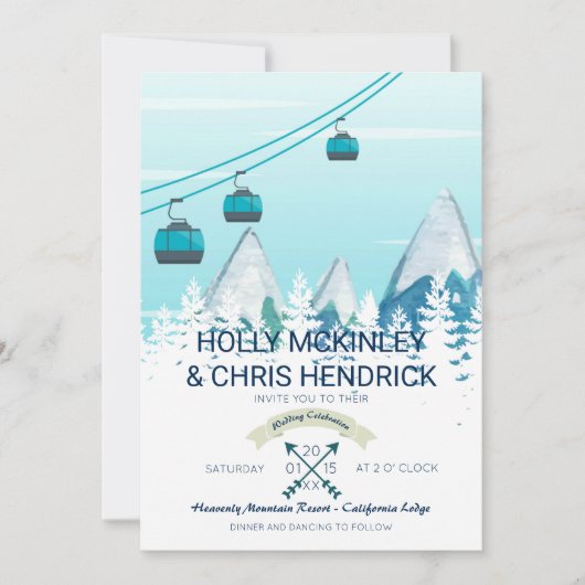 Mountain Winter Skiing Wedding Invitation Kaart (Voorkant)