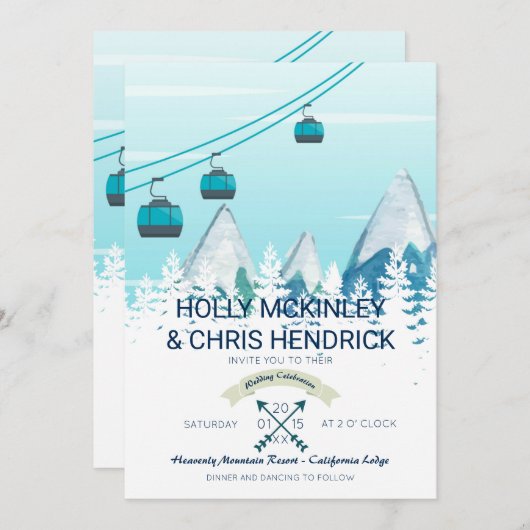 Mountain Winter Skiing Wedding Invitation Kaart (Voorkant / Achterkant)