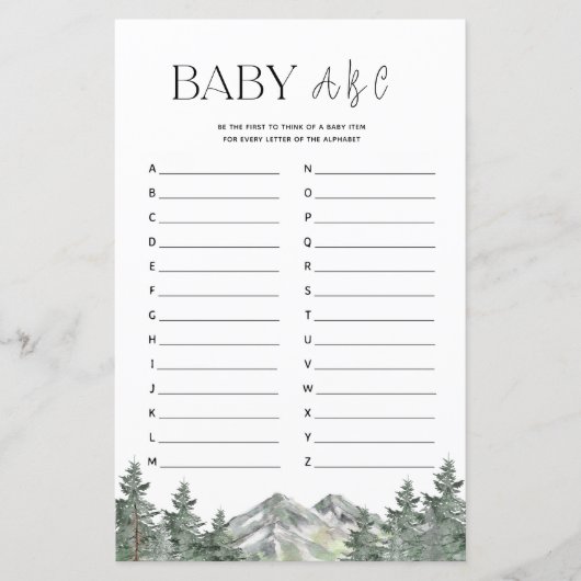 Mountain Woodland Baby shower ABC Alphabet Game (Voorkant)