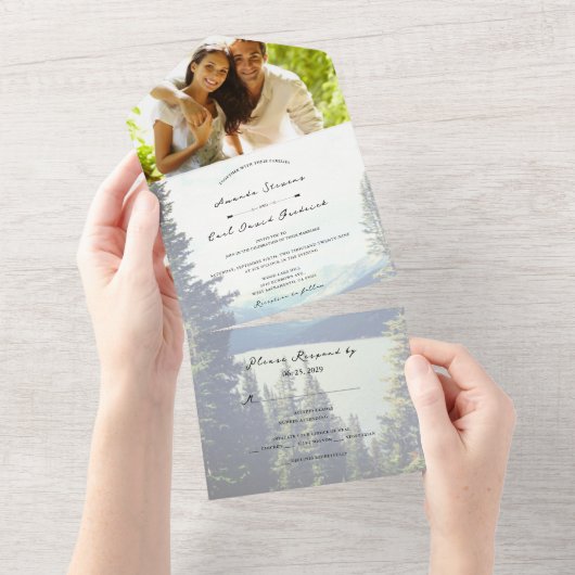©Mountain Woodland Forest Lakeside Wedding All In One Uitnodiging (Afscheurbaar)